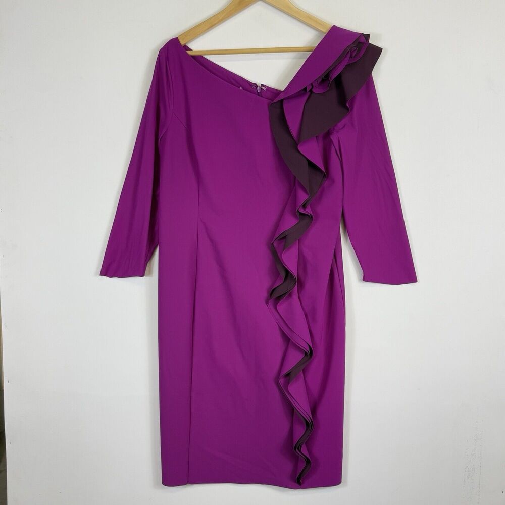 Rickie Freeman Teri Jon Magenta Fuchsia 3/4 Sleeve Ruffle Scuba Dress Womens 18